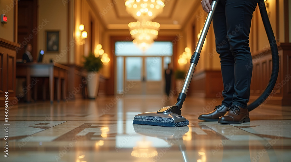 Fototapeta premium Person Cleaning Luxurious Hotel Lobby with Vacuum Cleaner: Showcasing Shiny Floors and Elegant Lighting in Stunning Photo Stock Concept with Empty Space