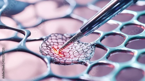 Ultra-macro shot of self-healing nanotech tissue repairing itself in real time, showcasing futuristic regenerative medicine and high-tech biomedical innovation