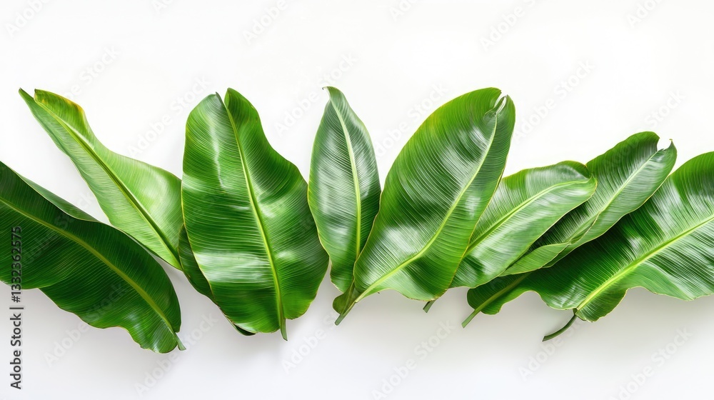 Fototapeta premium Banana leaves against white backdrop.