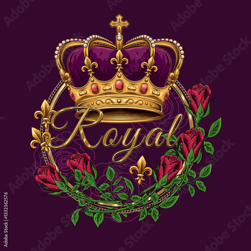 Circular label with imperial golden crown, fleur de lis sign, red roses, text Royal. Detailed composition in vintage style.