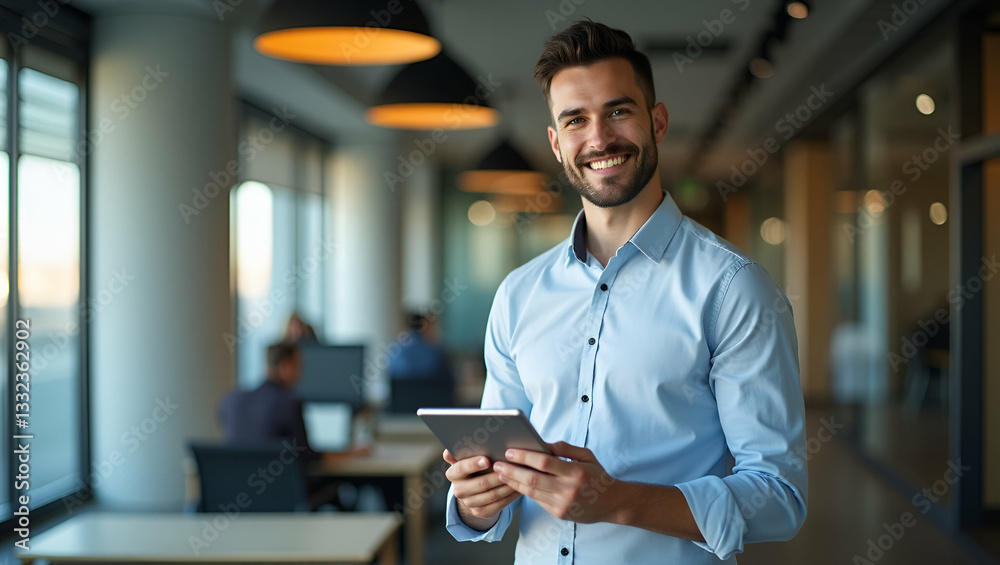 Portrait of smiling male company worker employee project manager or entrepreneur in office. Happy young professional Latin business man looking at camera standing at work using tablet. concept as Smil Portrait of smiling male company worker employee project manager or entrepreneur in office. Happy young professional Latin business man looking at camera standing at work using tablet. concept as Smil