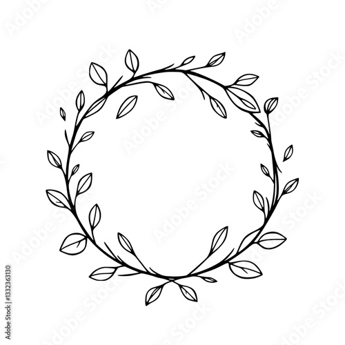 A minimalist, hand-drawn black and white circular floral wreath composed of delicate leaves and slender branches, set against a clean white background.