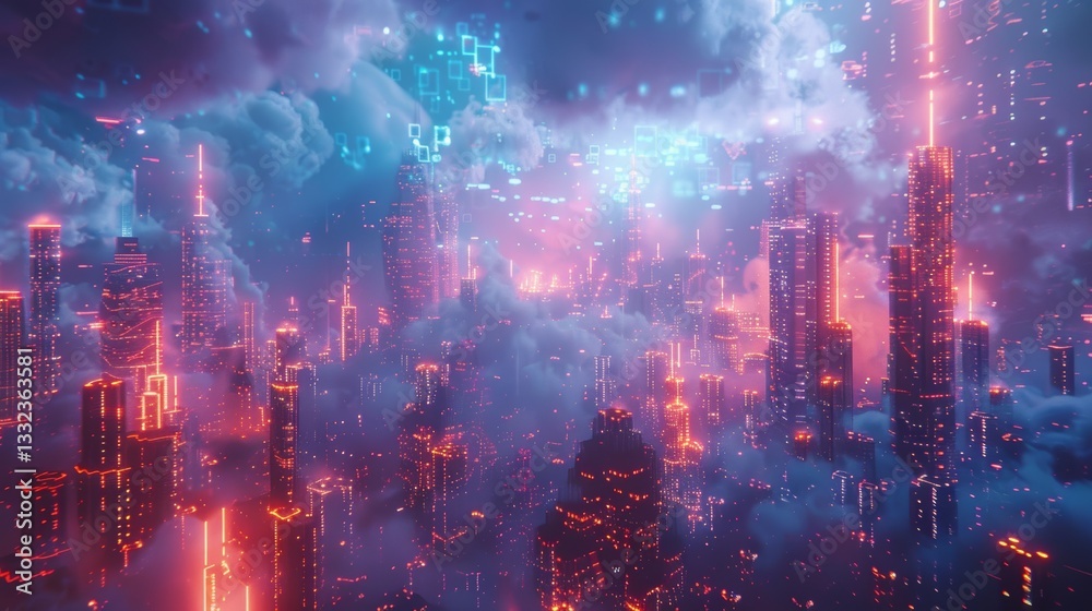 Fototapeta premium high-tech city where buildings are made of digital clouds, data streams connecting everything,