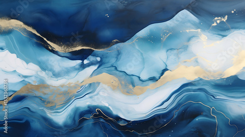 Serene Ocean Depths Unveiled In Swirling Blues And Gilded Accents, A Tranquil Abstract Seascape