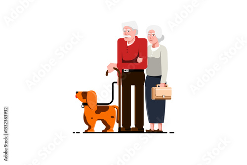Elderly couple with their favorite dog on isolated background, Vector illustration.