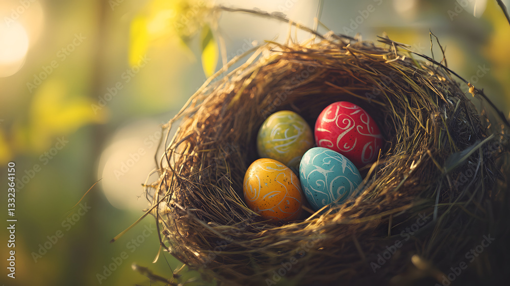 Obraz premium egg, easter, decoration, holiday, celebration, nest, eggs, spring, food, straw, bird, gold, colorful, color, yellow, hay, isolated, traditional, golden, tradition, nature, symbol, season, concept, gre