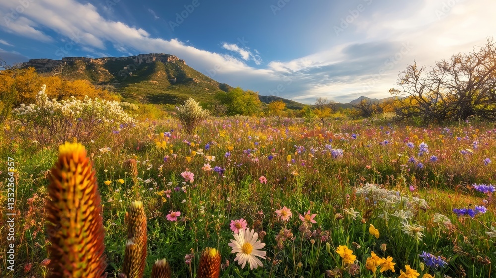 Fototapeta premium Scenic Landscape with Wildflowers and Mountains Under Sunny Sky