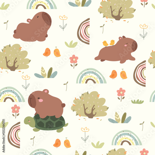 Seamless pattern with cute capybaras, bush, birds, and flowers, vector illustration, for kids.	
