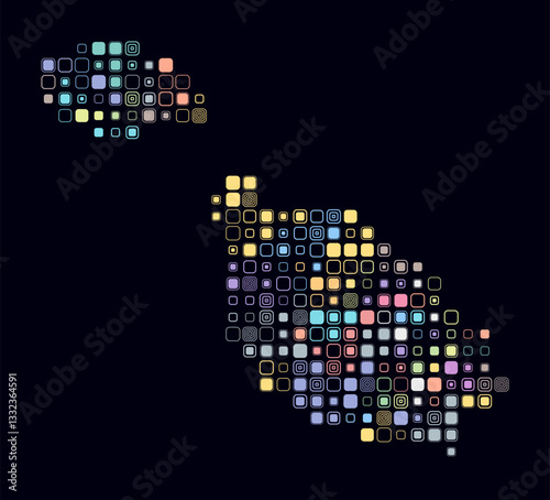 Malta, shape of the country built of colored cells. Digital style map of Malta on a dark background. Large size rounded square blocks. Beautiful vector illustration.