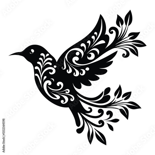 Floral modern tribal tattoo hummingbird silhouette vector illustration art, abstract line art of animals Vector