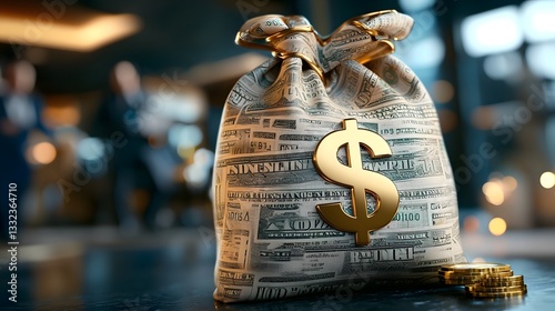 Detailed intricate of an ornate golden metallic money bag icon featuring a large bold dollar sign symbolizing affluence fortune and monetary gains
