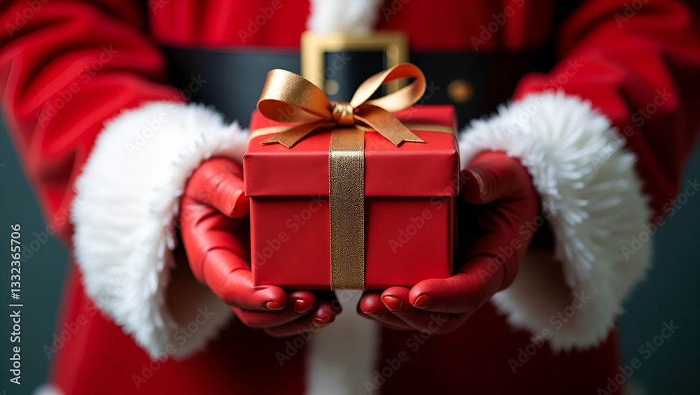 Flat Santa Claus Gloved Hands Holding a Gift Box: A Cute Vector Illustration Symbolizing Holiday Spirit, Generosity, and Festive Celebrations for Your Business Marketing Needs Flat Santa Claus Gloved Hands Holding a Gift Box: A Cute Vector Illustration Symbolizing Holiday Spirit, Generosity, and Festive Celebrations for Your Business Marketing Needs