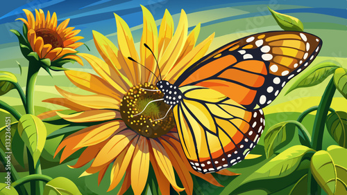 Butterfly Monarch on sunflower with blurry background, nature stock image of a close up insect