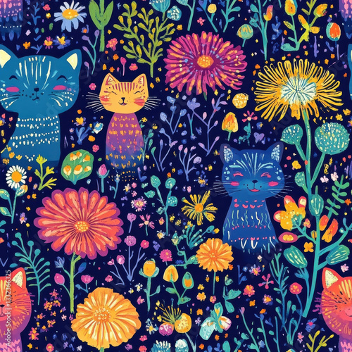 Wallpaper Mural Cat Botanical summer seamless pattern Playful cats in vibrant floral paradise with whimsical charm for textile and tile decoration Torontodigital.ca