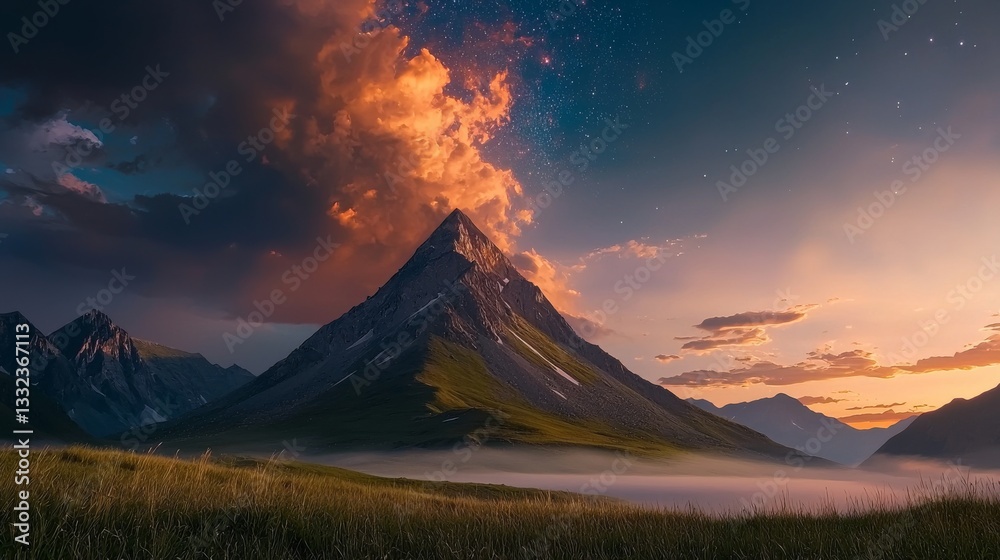 Fototapeta premium Majestic Mountain Landscape with Dramatic Sunset and Cloud Formation