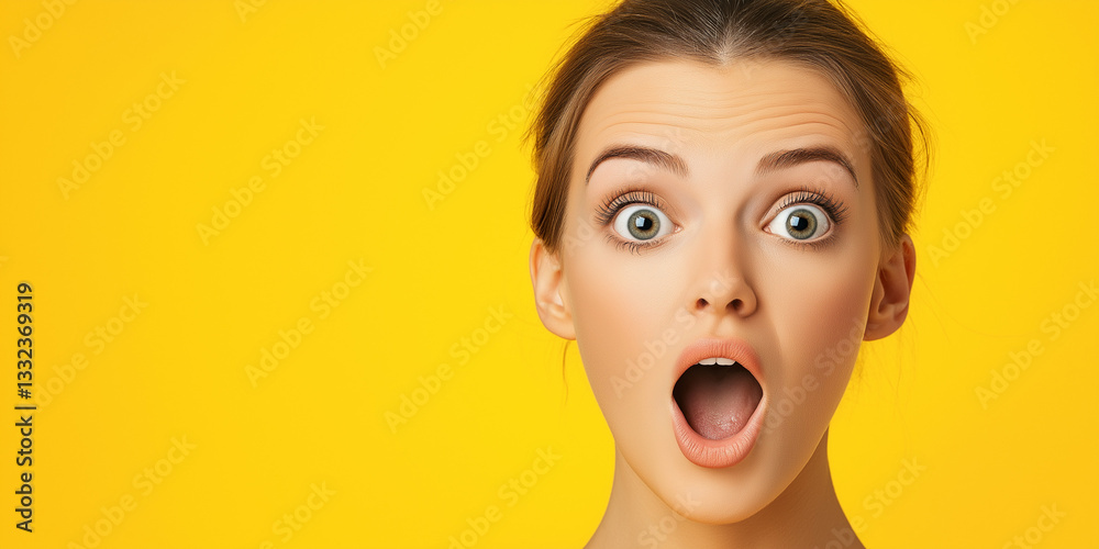 Astonished Womans Shocked Face, Wide Eyes, Open Mouth, Yellow Background Astonished Womans Shocked Face, Wide Eyes, Open Mouth, Yellow Background