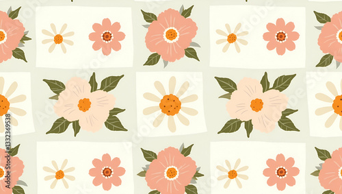 Wallpaper Mural Retro Roses and Daisies: Mid Century Modern Seamless Tile Pattern with Muted Pastel Colors for Vintage Inspired Rooms - Perfect for Photo Stock Concepts with Left Space Torontodigital.ca