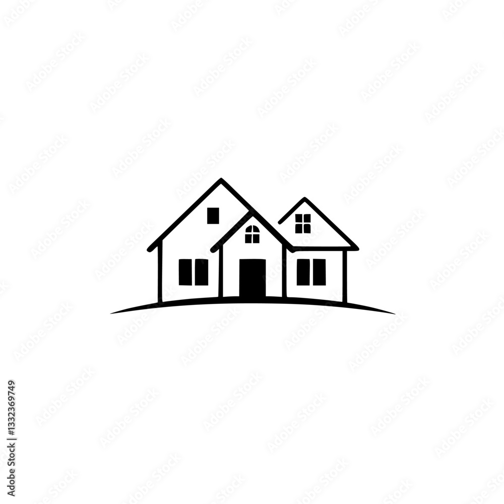 Minimalist Black and White Line Art Depicting a Trio of Houses on a Gentle Hill, Suitable for Real Estate Branding. Minimalist Black and White Line Art Depicting a Trio of Houses on a Gentle Hill, Suitable for Real Estate Branding.