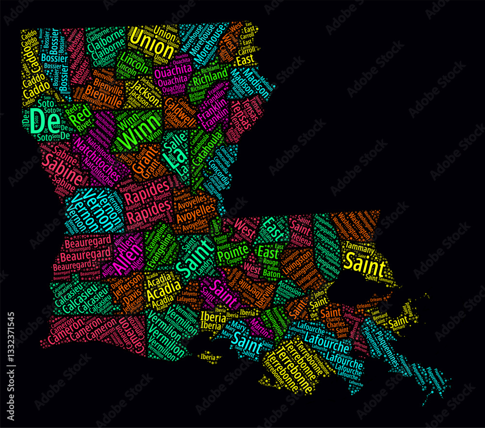 Louisiana Word Cloud. Bright neon style design on dark background. Region names text cloud. Boundary shape with administrative division. Classy vector illustration.