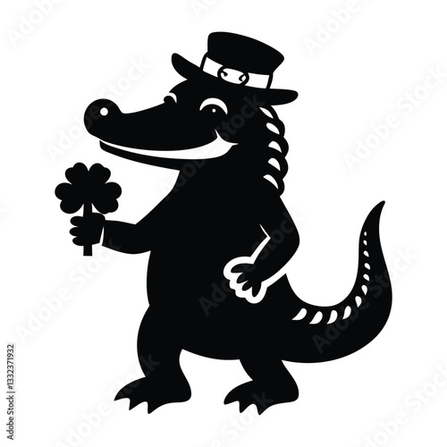 Dinosaur vector silhouette, T-rex with shamrock clover black color icon silhouette