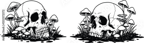 Black and white vector skull resting on the ground, surrounded by grass and mushrooms. Bold, high-contrast silhouette style with gothic, eerie atmosphere.
