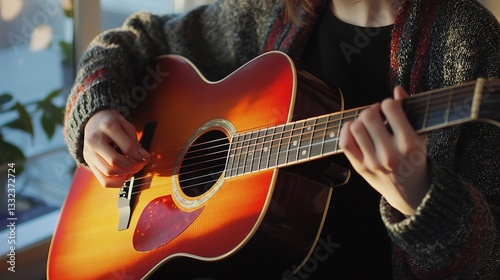 Young woman playing acoustic guitar near a window in a cozy indoor setting, warm sunlight illuminating the scene and creating a peaceful atmosphere
