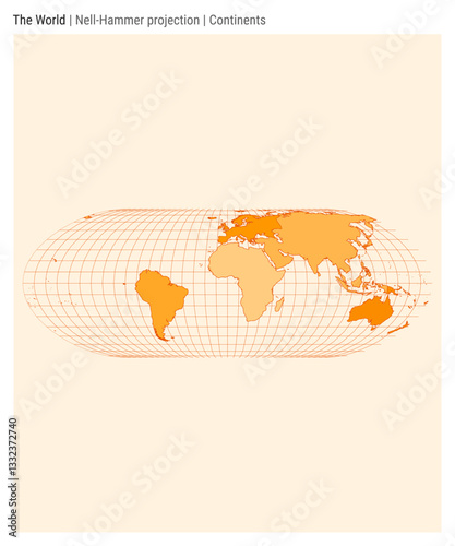 World Map. Nell-Hammer projection. Continents style. High Detail World map for infographics, education, reports, presentations. Vector illustration.