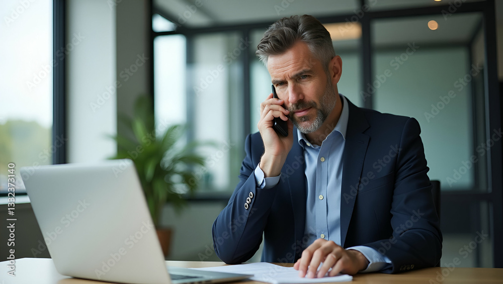 Flat Vector Illustration of a Busy Middle-Aged Businessman Multitasking: Talking on Mobile Phone While Working on Laptop at Office Desk - Professional Executive Communicating with Clients Flat Vector Illustration of a Busy Middle-Aged Businessman Multitasking: Talking on Mobile Phone While Working on Laptop at Office Desk - Professional Executive Communicating with Clients