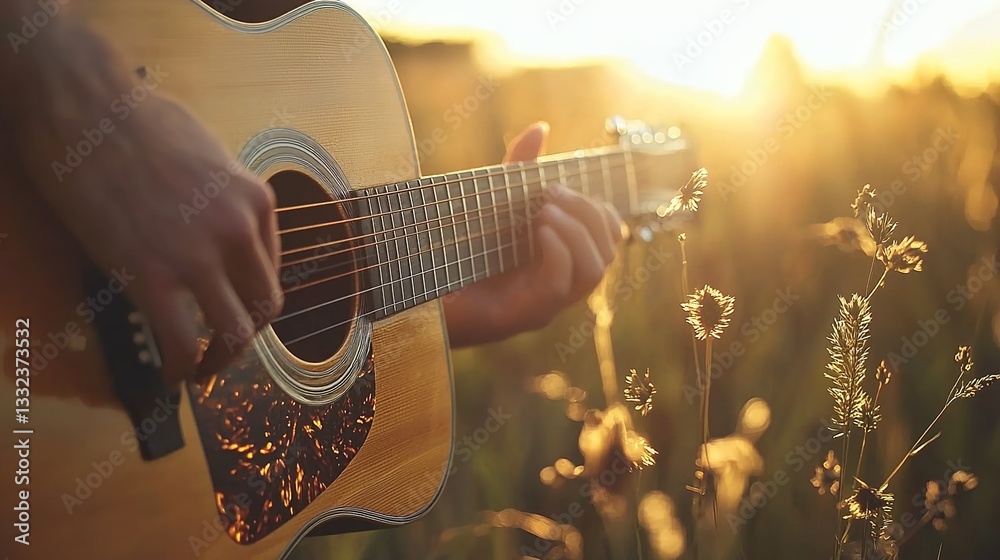 Hands Playing Acoustic Guitar in Golden Hour with Blurred Wildflowers in Sunrise Landscape, Creating Melodic Sounds of Nature's Serenity