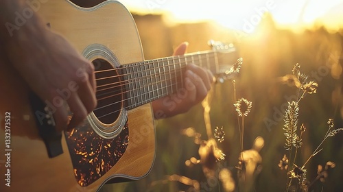 Obraz na płótnie Hands Playing Acoustic Guitar in Golden Hour with Blurred Wildflowers in Sunrise Landscape, Creating Melodic Sounds of Nature's Serenity w salonie