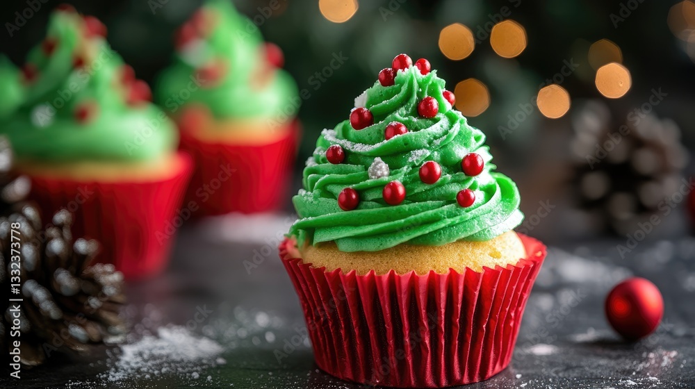 Festive Christmas Tree Cupcake with Red Liners and Green Frosting. Festive Christmas Tree Cupcake with Red Liners and Green Frosting.