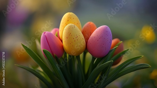 Colorful Easter eggs arranged in the shape of tulips