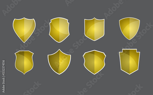 set of gold shield vector assets, collection of yellow shield armor badge emblem vector