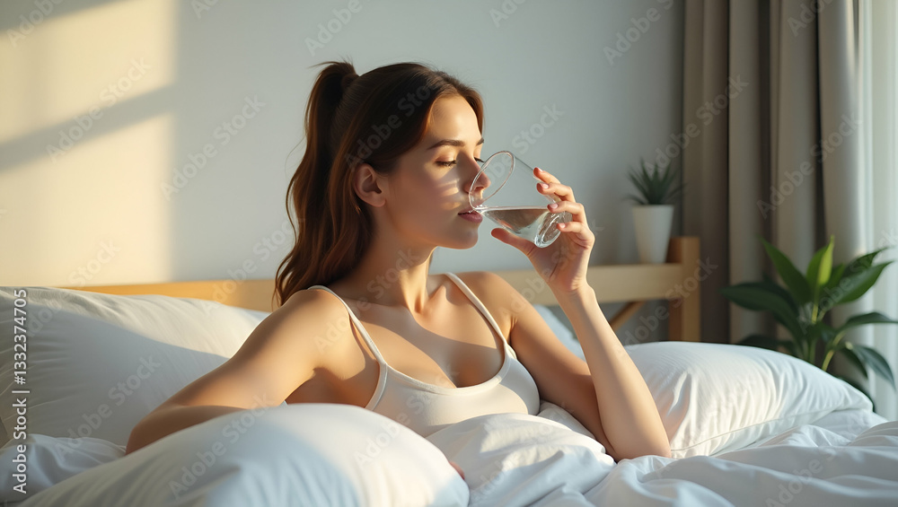 Beautiful Woman Enjoying Fresh Water in Bed: A Serene Morning Routine Illustration for Healthy Habits in a Relaxed Bedroom Environment Beautiful Woman Enjoying Fresh Water in Bed: A Serene Morning Routine Illustration for Healthy Habits in a Relaxed Bedroom Environment