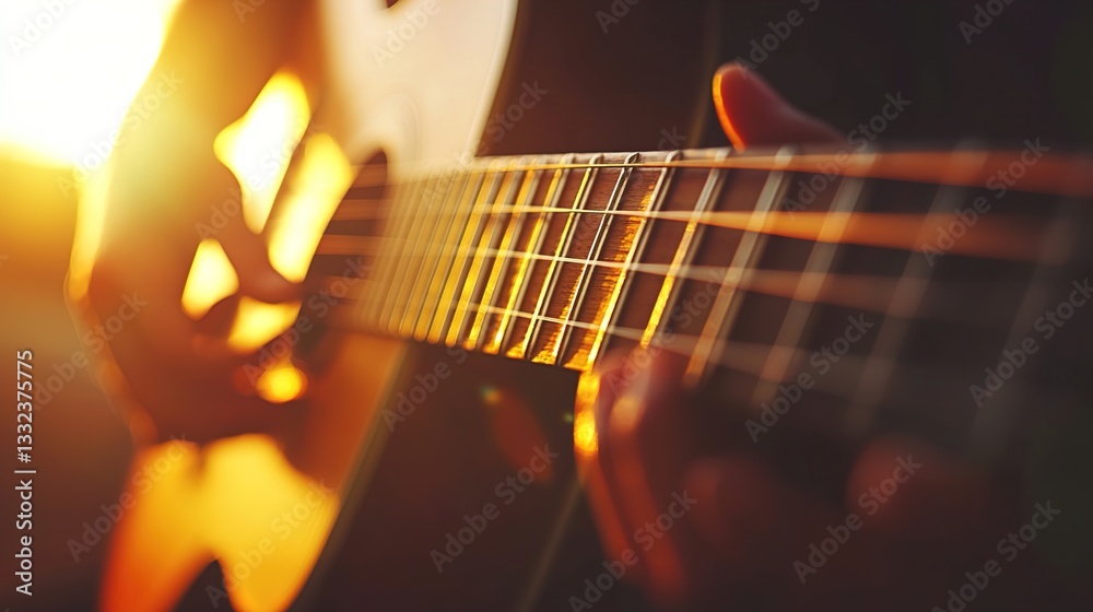 Close-up of a musician strumming an acoustic guitar with warm sunlight creating a beautiful bokeh effect highlighting the strings and hand movement