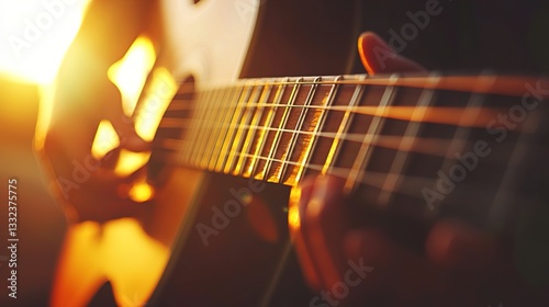Obraz na płótnie Close-up of a musician strumming an acoustic guitar with warm sunlight creating a beautiful bokeh effect highlighting the strings and hand movement w salonie