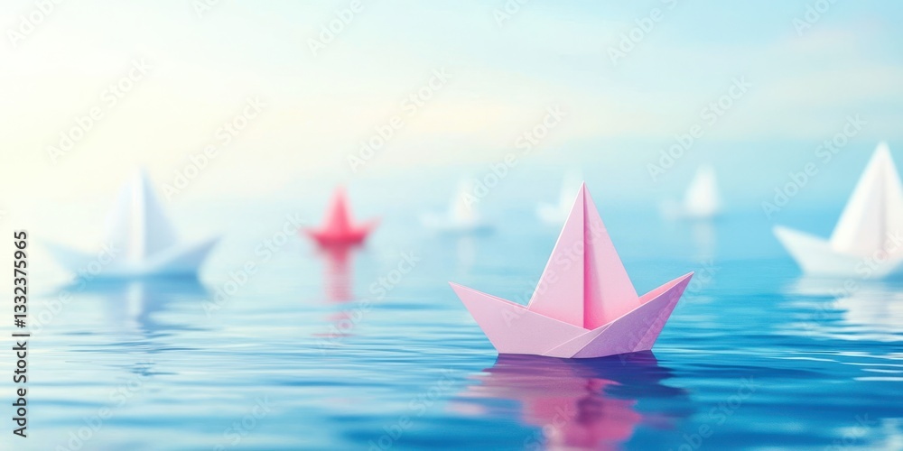 A row of paper boats are floating in the water, with one boat being pink A row of paper boats are floating in the water, with one boat being pink