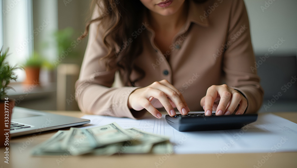 Fototapeta premium Budget Management for Low-Income Families: Woman Calculating Rising Grocery Costs at Home