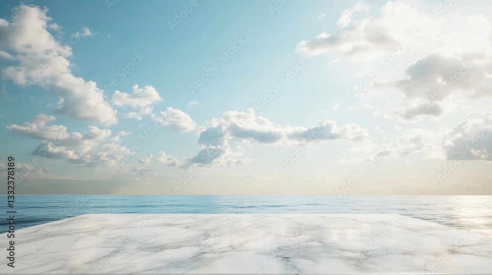 Obraz premium Marbled Tabletop by Beach with Sky Reflection and Copy Space