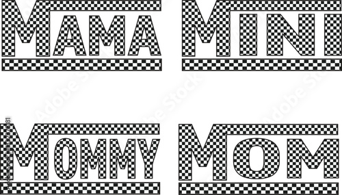 Mom, mam, dalmatian dots spots, race, leopard, cow, baseball, softball, half leopard, valentine hearts, mini race, mommy, glitter and dirt, mama needs coffee, bruh, varsity, dog mom, mode, battery
