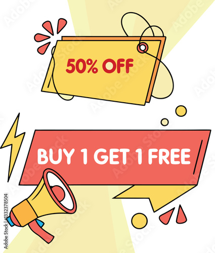 Flash sale banner with vibrant discount labels and price tags