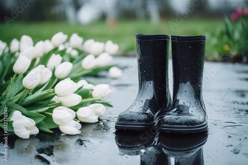 Wallpaper Mural A pair of black glossy rubber rain boots with fresh raindrops, placed on a rain-soaked pavement. Delicate white tulips bloom around the boots. Torontodigital.ca