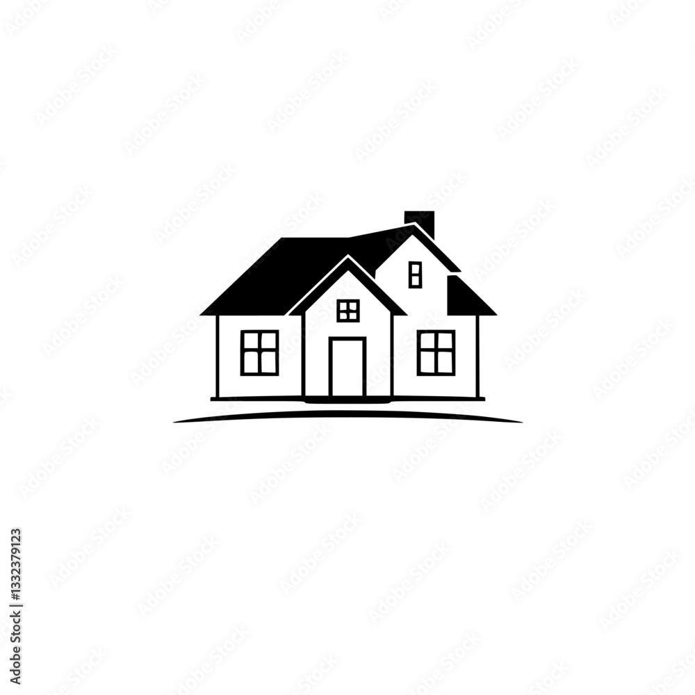 Minimalist Black and White House Illustration with Gable Roof, Chimney, Windows, and a Curved Base Line, Evoking Simplicity and Home. Minimalist Black and White House Illustration with Gable Roof, Chimney, Windows, and a Curved Base Line, Evoking Simplicity and Home.