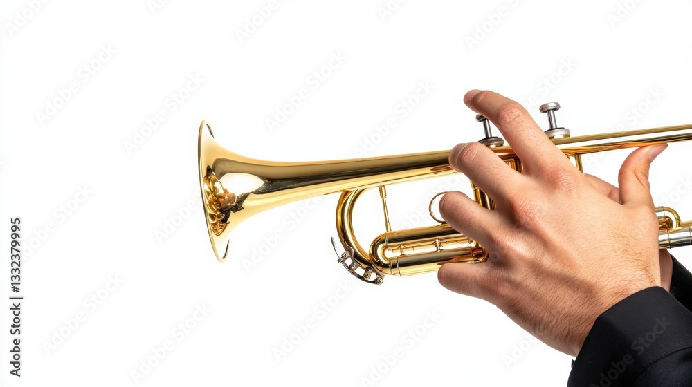 Obraz premium A close-up of a jazz musician's hands holding a trumpet