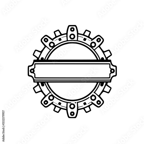 A symmetrical, black and white steampunk-inspired gear emblem, featuring a central rectangular plaque for text, encircled by intricate mechanical detailing.
