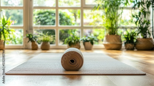 Rolledup Yoga Mat on Wooden Floor by Window
