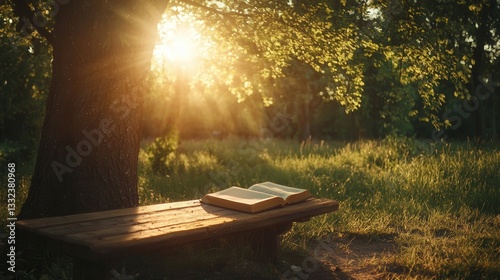Golden Hour Serenity Book on Rustic Bench in Sunlit Park