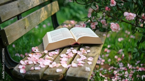 Open Book on Wooden Bench with Rose Petals in a Garden
