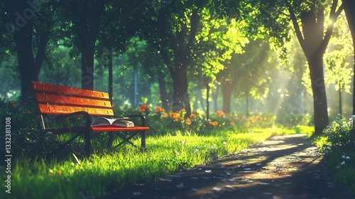 Serene Park Bench with Book Sunlit Path Green Trees Peaceful Atmosphere