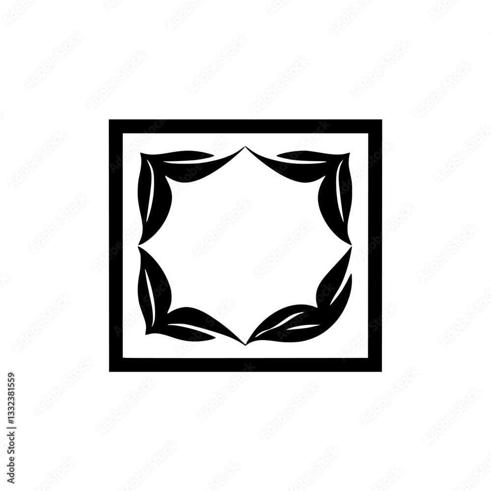 Minimalist black square frame with leafy corner elements, creating a symmetrical, elegant, floral-inspired design.
